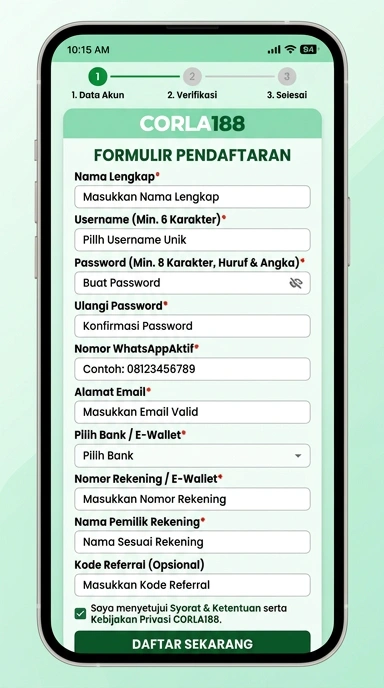 Tampilan halaman daftar corla188